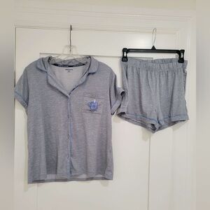 Life Is Good Sleep heather gray button down top / shorts coffee cup pj set (read